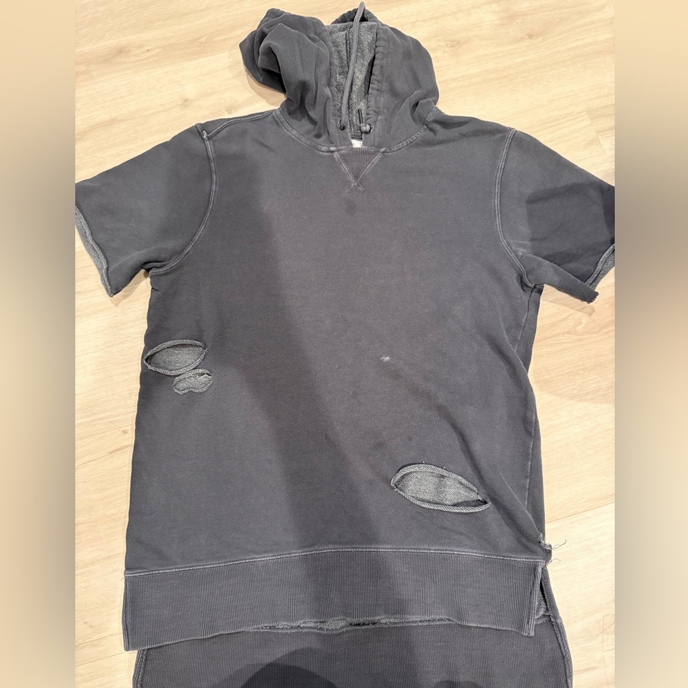Distressed Gray Short Sleeve Hoodie